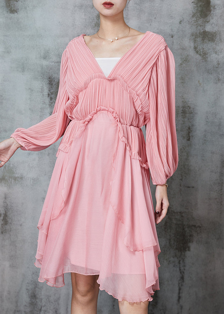 Women Pink Ruffled Wrinkled Chiffon Mid Dress Spring