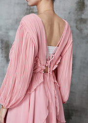 Women Pink Ruffled Wrinkled Chiffon Mid Dress Spring