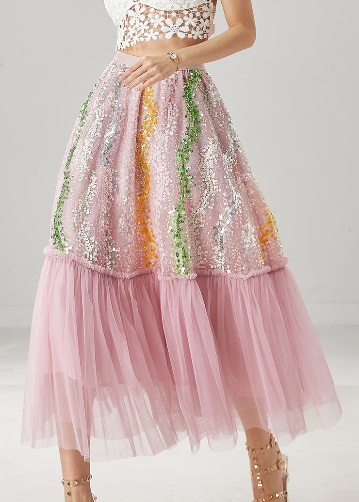 Women Pink Sequins Patchwork Tulle Skirts Spring