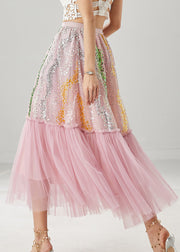 Women Pink Sequins Patchwork Tulle Skirts Spring