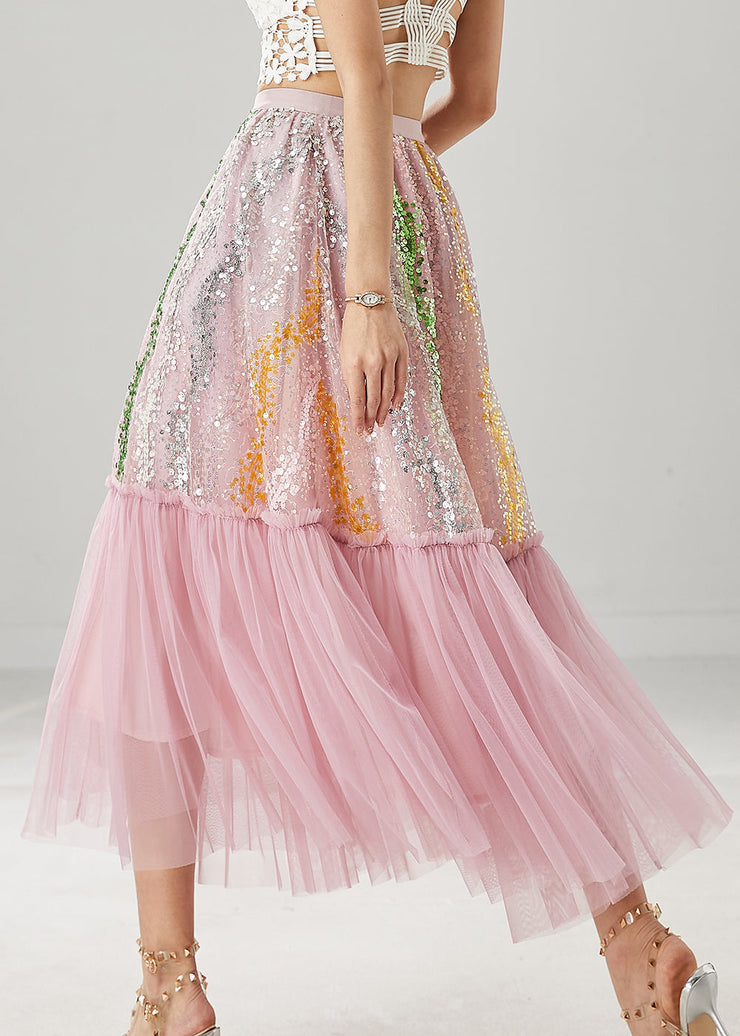 Women Pink Sequins Patchwork Tulle Skirts Spring