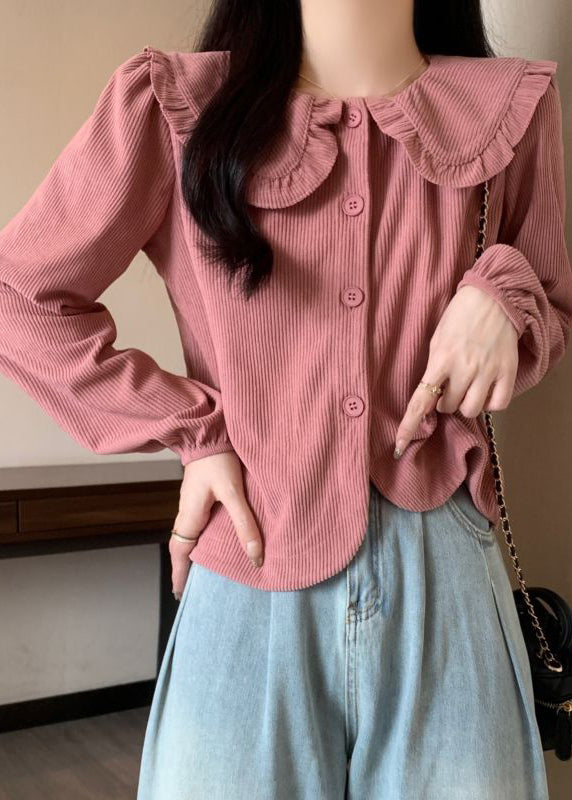 Women Pink Solid Button Corduroy Shirt Long Sleeve