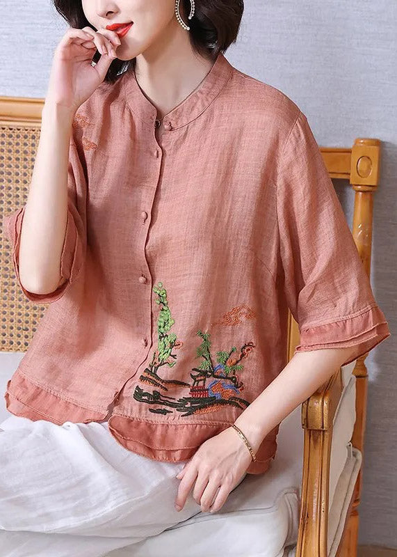 Women Pink Stand Collar Embroideried Floral Button Linen Shirt Half Sleeve