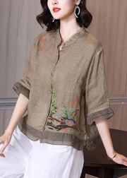 Women Pink Stand Collar Embroideried Floral Button Linen Shirt Half Sleeve