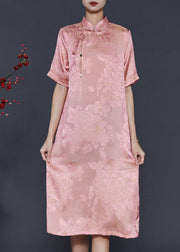 Women Pink Tasseled Jacquard Silk Dresses Summer