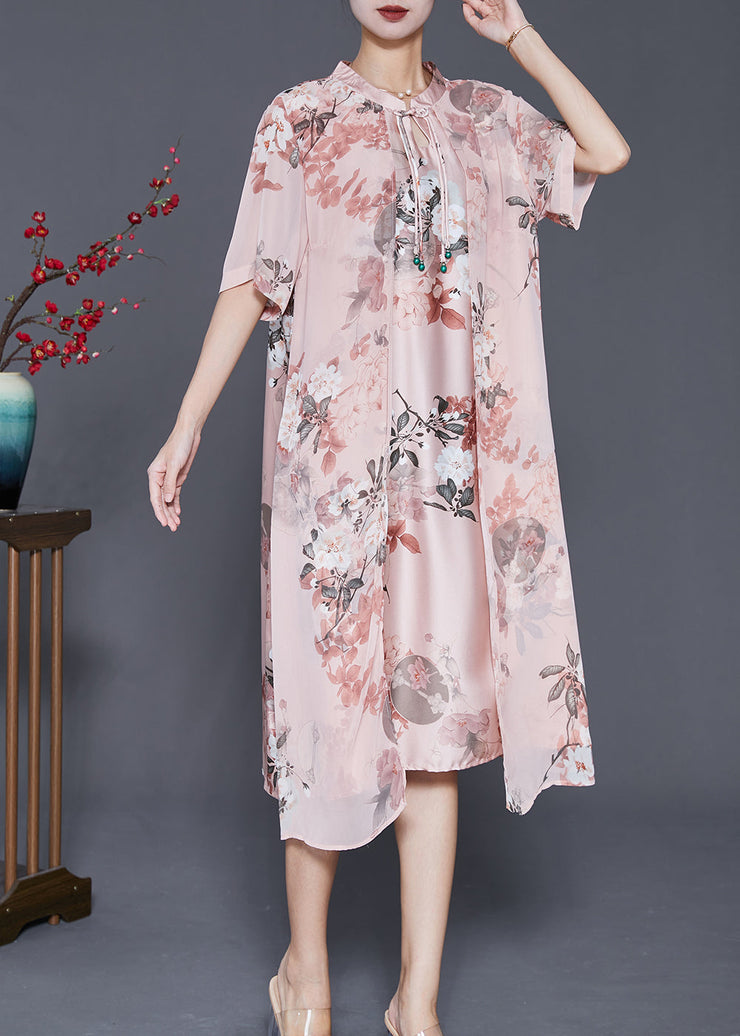 Women Pink Tasseled Print Silk Maxi Dress Summer