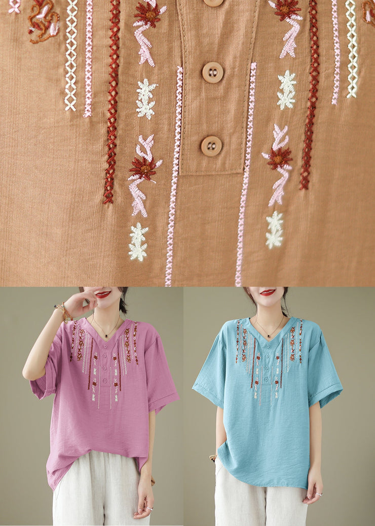 Women Pink V Neck Embroideried Cotton Tops Summer