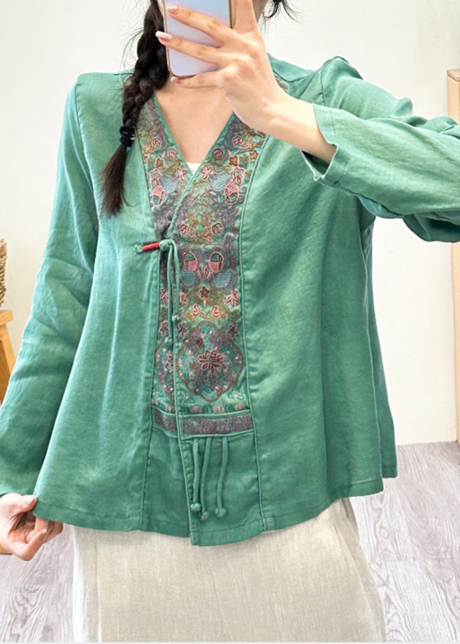 Women Pink V Neck Embroideried Floral Patchwork Linen Shirts Fall