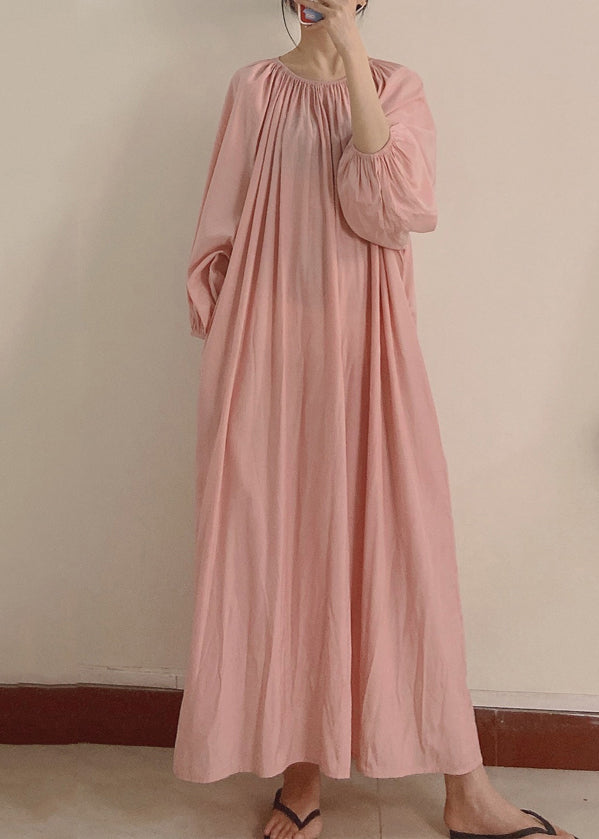 Women Pink Wrinkled Pockets Maxi Dress Long Sleeve