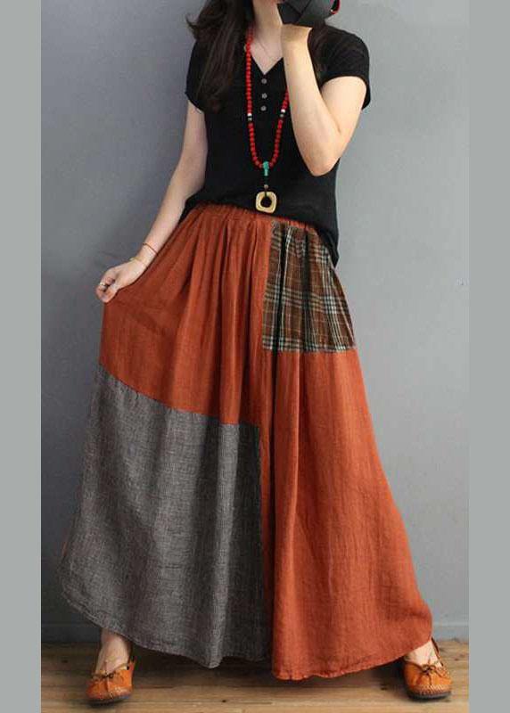 Women Orange polka dots Patchwork Elastic Waist Swing Skirt With Pocket