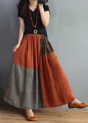 Women Orange polka dots Patchwork Elastic Waist Swing Skirt With Pocket