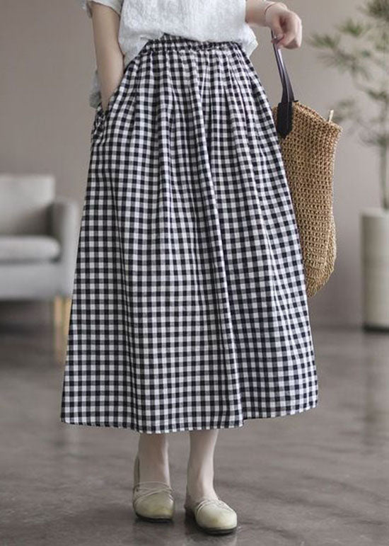 Women Plaid Wrinkled Pockets Patchwork Cotton Skirts Summer