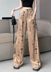 Women Print Pockets High Waist Satin Wide Leg Pants Spring