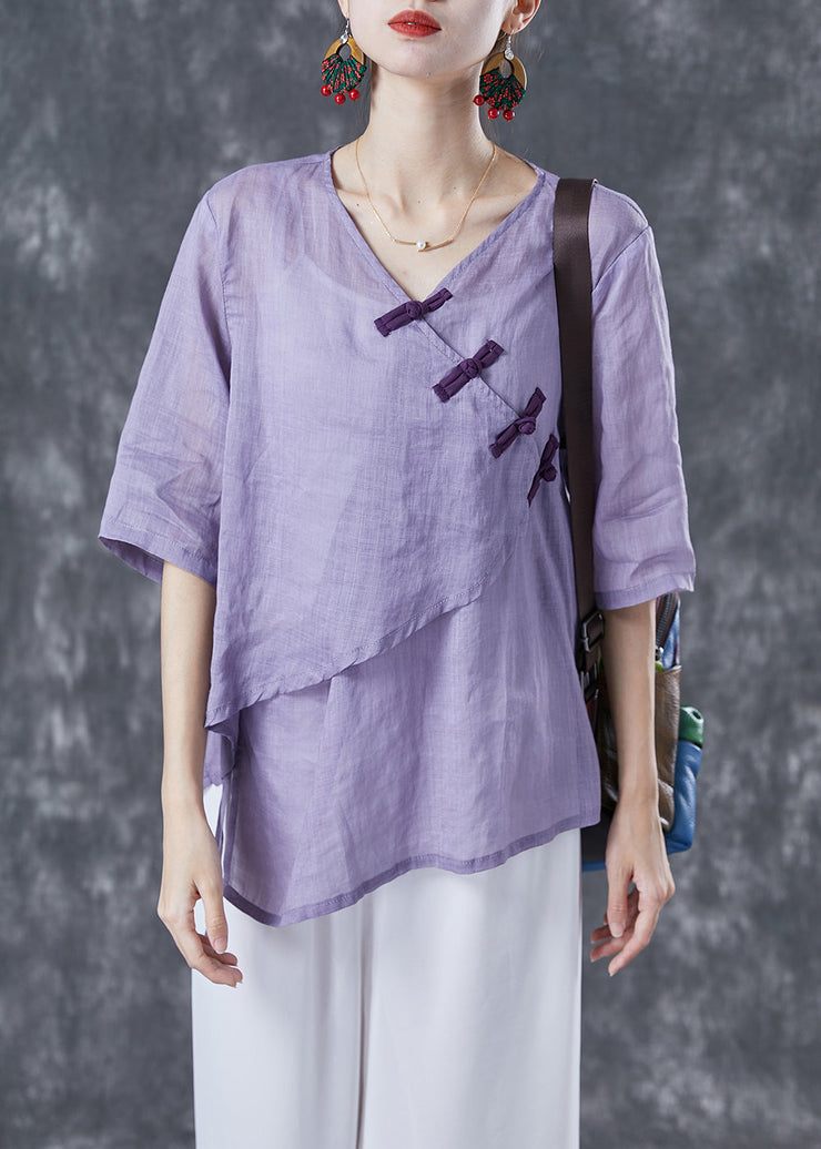 Women Purple Asymmetrical Chinese Button Linen Blouse Tops Summer