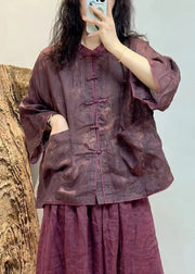 Women Purple Button Pockets Linen Shirt Spring