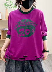 Women Purple Hole Print Cotton Tops Long Sleeve