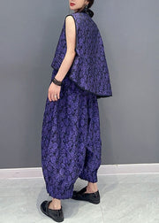 Women Purple Jacquard Vest And Pants Cotton Two Piece Set Summer