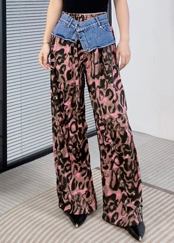 Women Purple Leopard Print Patchwork Pants Summer