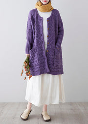 Women Purple O-Neck Button Knit Loose Knit Cardigans Spring