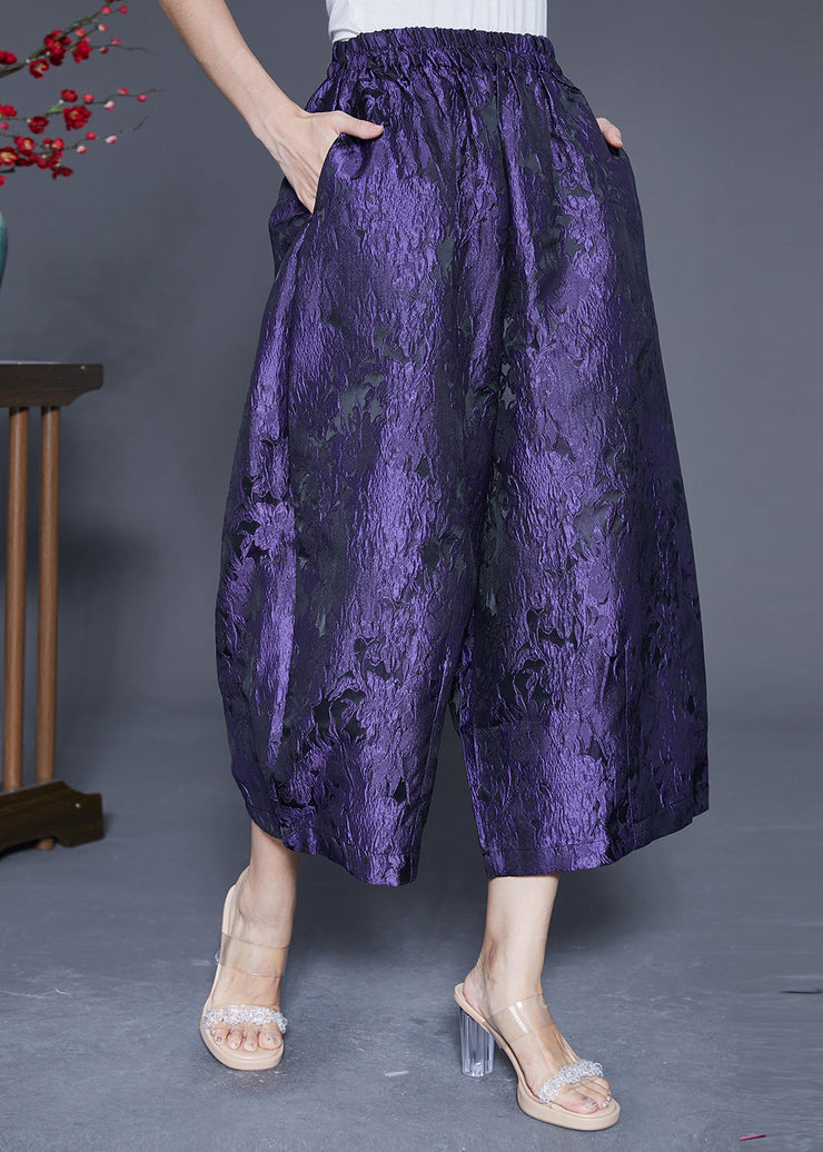 Women Purple Oversized Jacquard Silk Wide Leg Pants Summer