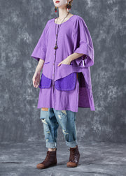 Women Purple Oversized Patchwork Cotton Shirt Summer