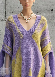 Women Purple Oversized Patchwork Tulle Knit Dress Fall