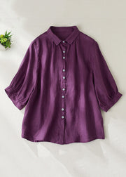 Women Purple Peter Pan Collar Button Linen Blouse Summer