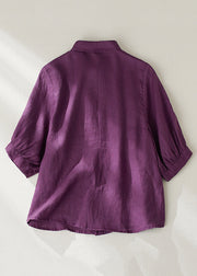 Women Purple Peter Pan Collar Button Linen Blouse Summer