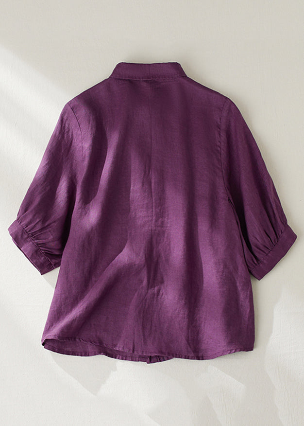 Women Purple Peter Pan Collar Button Linen Blouse Summer