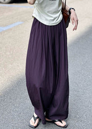 Women Purple Pockets Elastic Waist Cotton Pants Summer