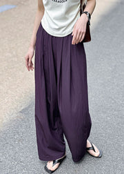 Women Purple Pockets Elastic Waist Cotton Pants Summer