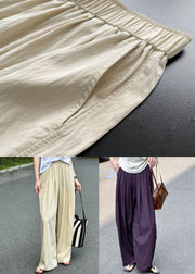 Women Purple Pockets Elastic Waist Cotton Pants Summer