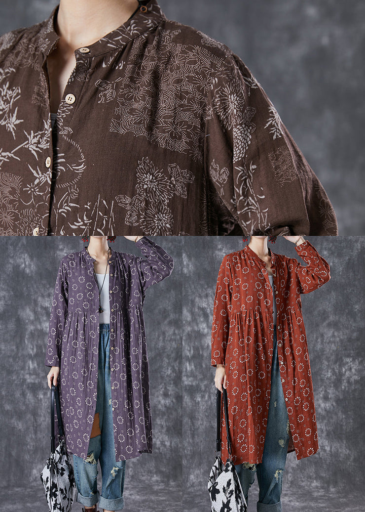 Women Purple Print Button Down Cotton Dresses Fall