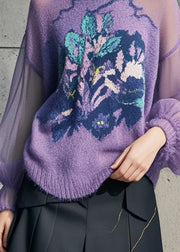 Women Purple Print Hollow Out Knit Pullover Fall