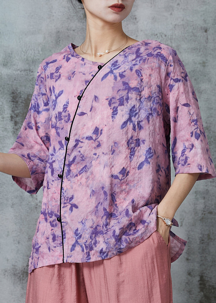 Women Purple Print Patchwork Linen Shirt Tops Half Sleeve