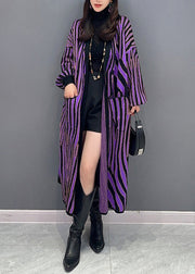 Women Purple Striped Pockets Patchwork Knit Long Cardigan Fall