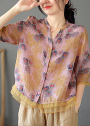 Women Purple V Neck Button Patchwork Linen Shirt Tops Summer