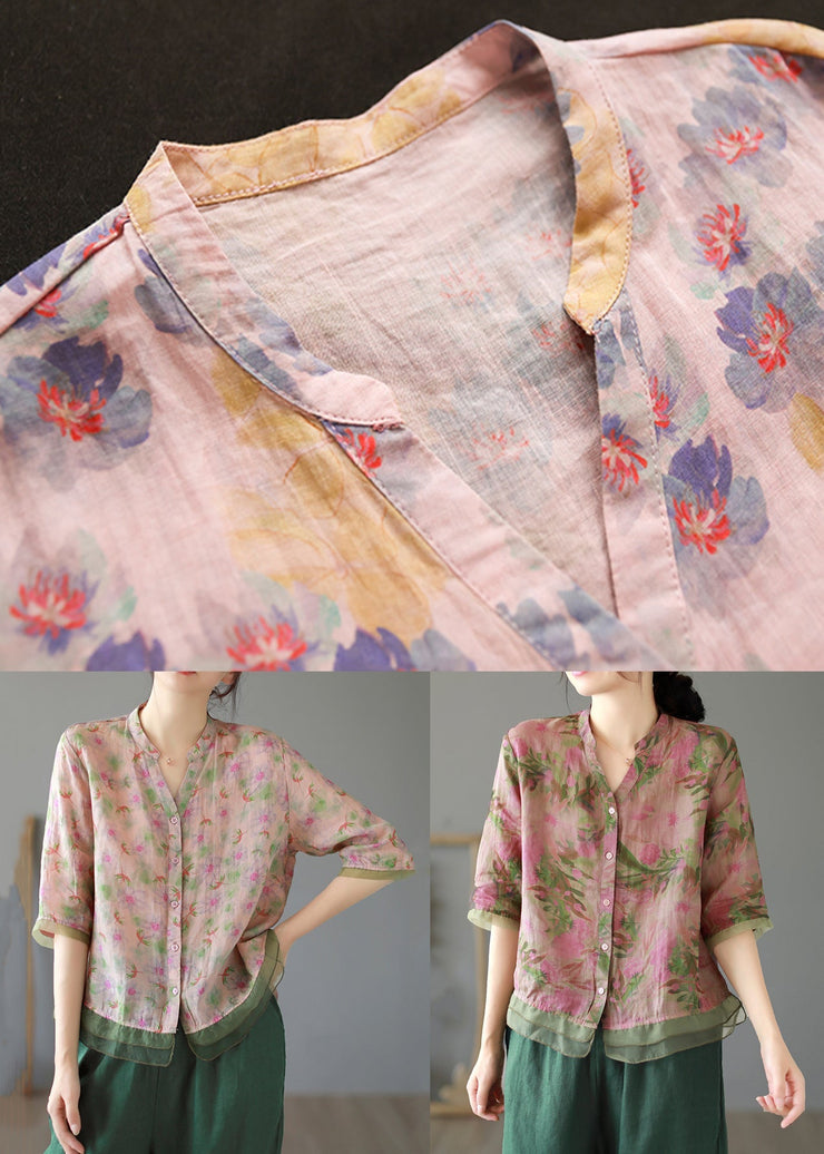 Women Purple V Neck Button Patchwork Linen Shirt Tops Summer