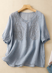 Women Purple V Neck Embroidered Linen T Shirt Summer