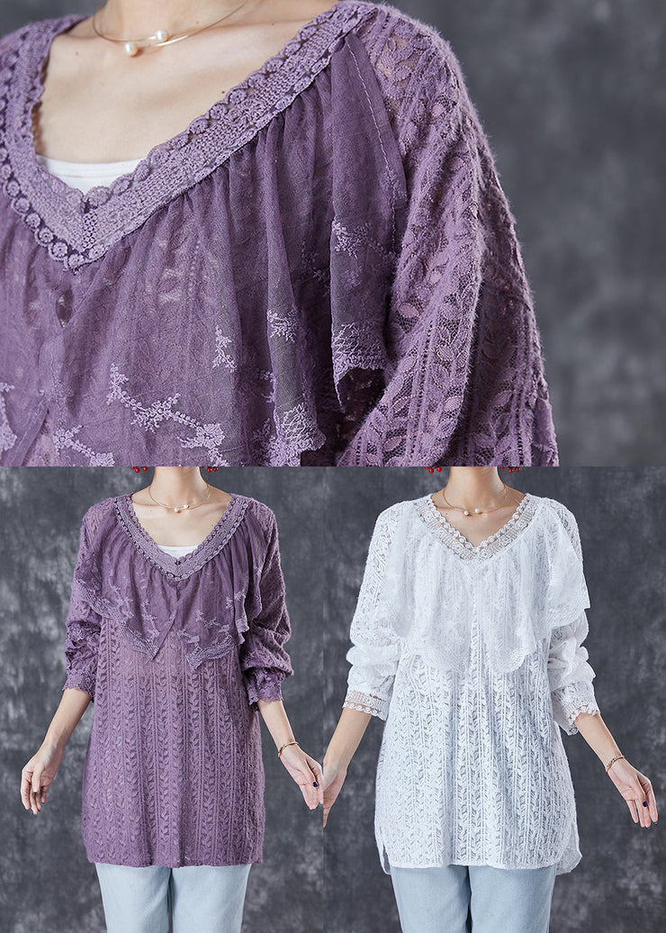 Women Purple V Neck Patchwork Lace Shirts Fall