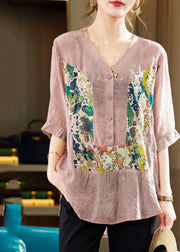 Women Purple V Neck Patchwork Print Cotton Tops Half Sleeve