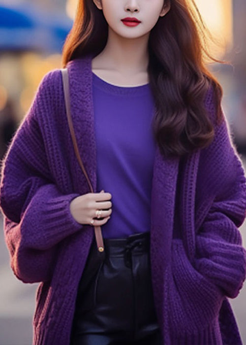 Women Purple V Neck Pockets Cotton Knit Cardigan Long Sleeve