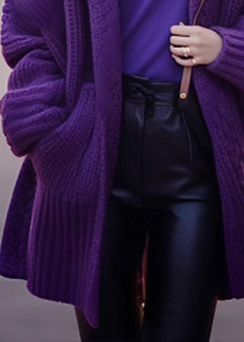 Women Purple V Neck Pockets Cotton Knit Cardigan Long Sleeve