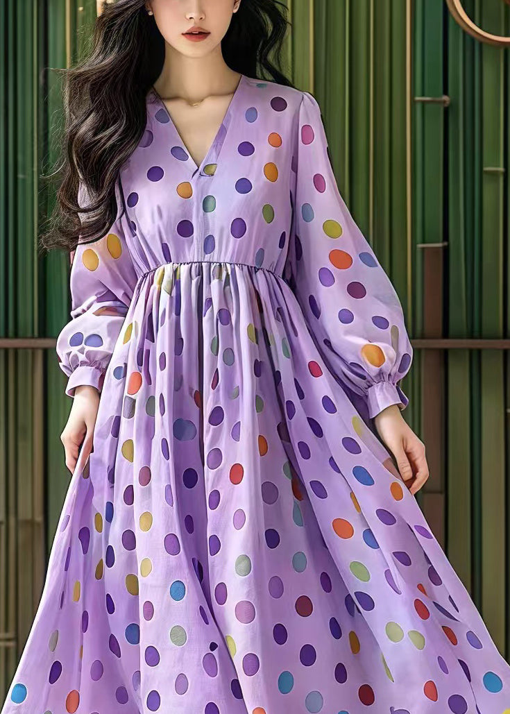 Women Purple V Neck Print Cotton Party Dress Fall