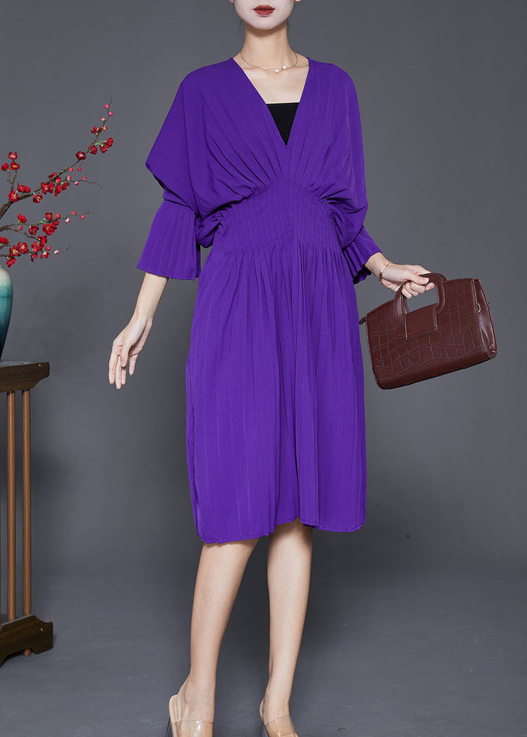 Women Purple V Neck Silm Fit Cotton Pleated Dress Fall