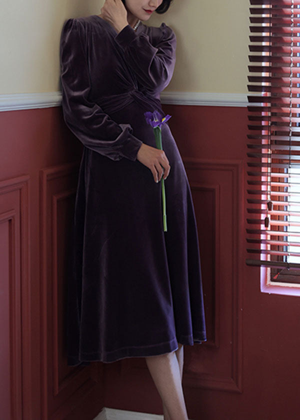 Women Purple V Neck Slim Fit Silk Velour Dresses Long Sleeve