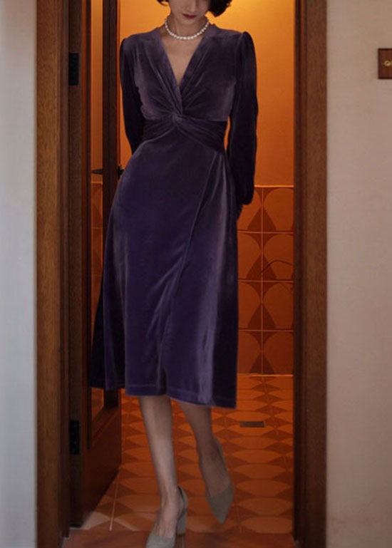 Women Purple V Neck Slim Fit Silk Velour Dresses Long Sleeve