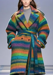 Women Rainbow Striped Double Breast Thick Woolen Trench Fall