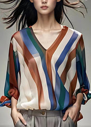 Women Rainbow V Neck Striped Chiffon Shirts Long Sleeve