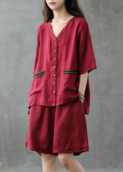 Women Red Button Patchwork Tops And Shorts Linen Two Pieces Set Summer